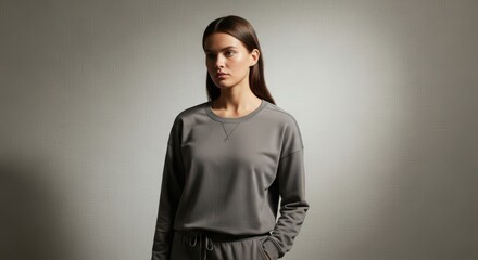 A young Caucasian woman with long brown hair stands confidently in a gray athletic outfit. The background is neutral and minimalistic, emphasizing her attire.