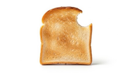 A slice of toasted bread with a bite taken out of it. The bread is golden brown and has a crispy texture. It is placed on a white background.