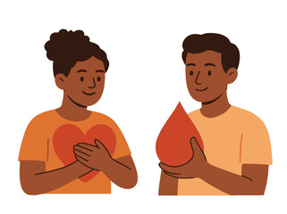 Blood Donation Awareness Illustration.  Flat vector illustration of two people showing support for blood donation. One person holds a large blood drop, the other has a heart symbol.