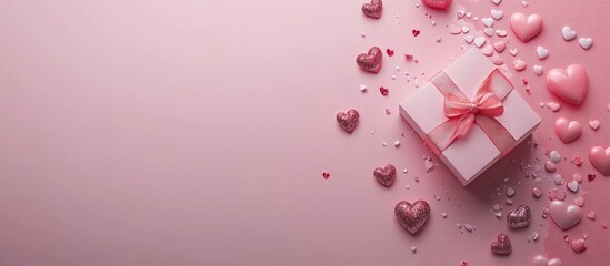 Valentines day frame with gift box and mixed hearts. Top view