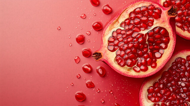 A vibrant, red pomegranate, cut open to reveal its juicy seeds, lies on a matching red surface with scattered arils and water droplets.