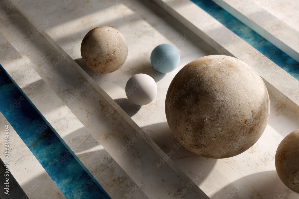 Poster abstract spheres in architectural space: a serene composition featuring a group of subtly textured s