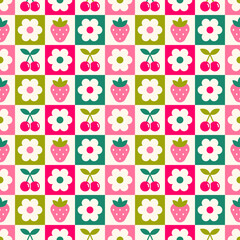Cute geometric floweพ and berry fruit seamless square pattern design for spring season.