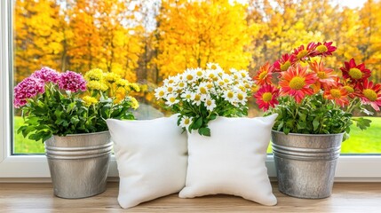 Obraz premium Flower and Pillow on Windowsill