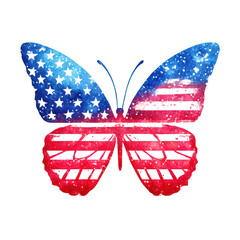 4th july celebration Watercolor butterfly PNG with wings patterned in the American flag--one wing stars, one wing stripes--illustrated with artistic fading