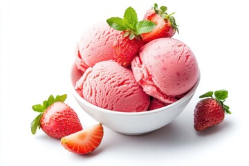 Strawberry ice cream in white bowl with fresh strawberries, isolated on white
