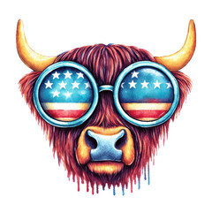 Highland cow PNG with round retro goggles, lenses subtly patterned with faded stars and stripes, watercolor wash over the fur with red and blue, 4th of july 