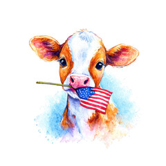 Playful calf PNG holding a mini American flag in its mouth, watercolor rendering with delicate bleeding and subtle flag textures melting into the fur, gentle splash effect, 4th of july PNG