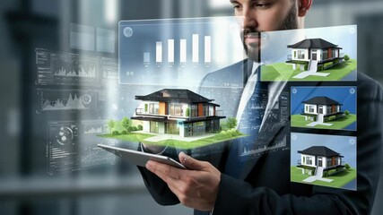 Businessperson using a tablet with holographic projections of a house and data - Powered by Adobe