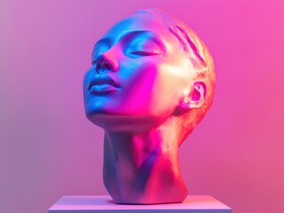 Isolated bust of a woman with blue and pink lighting on a white background