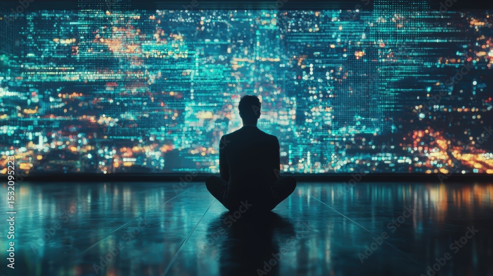 Poster a person sits cross-legged, facing a large digital screen filled with abstract data and light patter