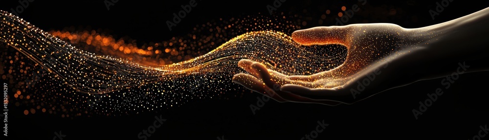 Poster a hand gently releasing a stream of glowing particles, creating a dynamic and ethereal flow against 