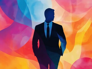 Silhouette of a man in a suit against an abstract colorful background