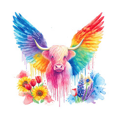 Watercolor colorful Highland cow PNG with large rainbow-colored wings, each feather blending from vibrant pink, orange, yellow, blue, to violet, colorful PNG , cow clipart