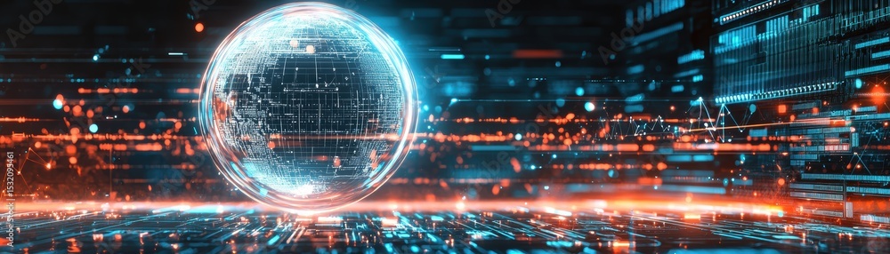 Poster a glowing digital globe surrounded by futuristic data streams and circuits in a high-tech virtual en