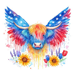 Watercolor colorful Highland cow PNG with large rainbow-colored wings, each feather blending from vibrant red, blue, yellow, colorful PNG , cow clipart