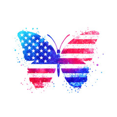4th july celebration Watercolor butterfly PNG with wings patterned in the American flag--one wing stars, one wing stripes--illustrated with artistic fading