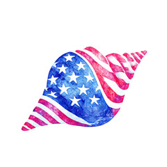 Watercolor conch shell PNG filled with stylized flag pattern--blue base with scattered white stars, striped ridges in red and white,  4th July PNG, 4th July celebration