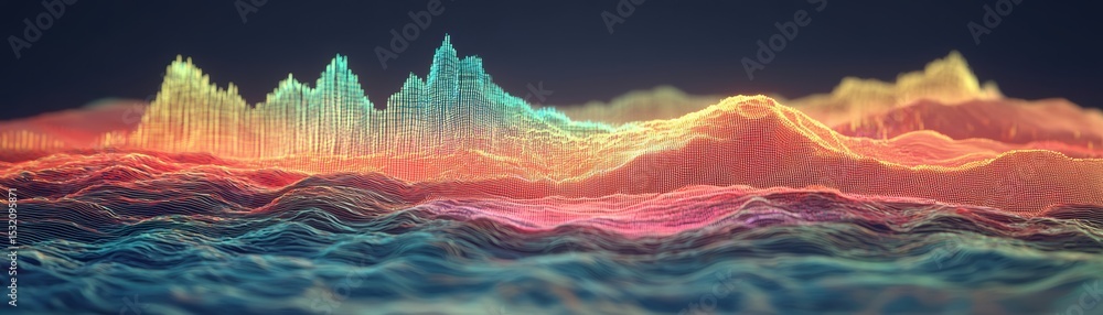 Poster a colorful 3d digital landscape of layered, glowing waveforms resembling a futuristic data visualiza