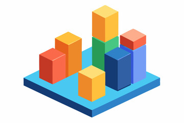 Isometric 3D illustration of a blue bar chart representing financial growth, business performance, or statistical analysis. The image features five ascending bars placed on a tech-style platform.