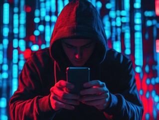 Person in hoodie using a smartphone against a digital background