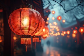 Vibrant Chinese New Year celebration scene with traditional red lanterns, golden dragon decorations and colorful fireworks lighting up the night sky. Prosperity and good fortune for the Lunar New Year