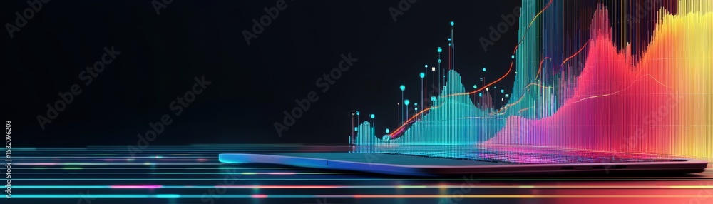 Poster a vibrant digital graph with multicolored peaks and lines on a dark background, illustrating dynamic
