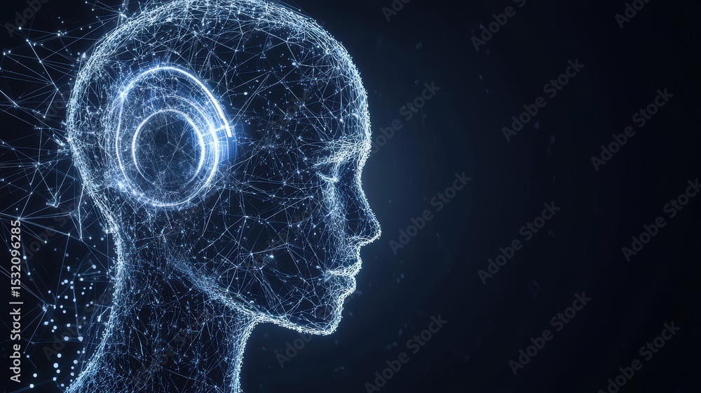 Poster digital wireframe of a human head with glowing neural network and circular elements, symbolizing art