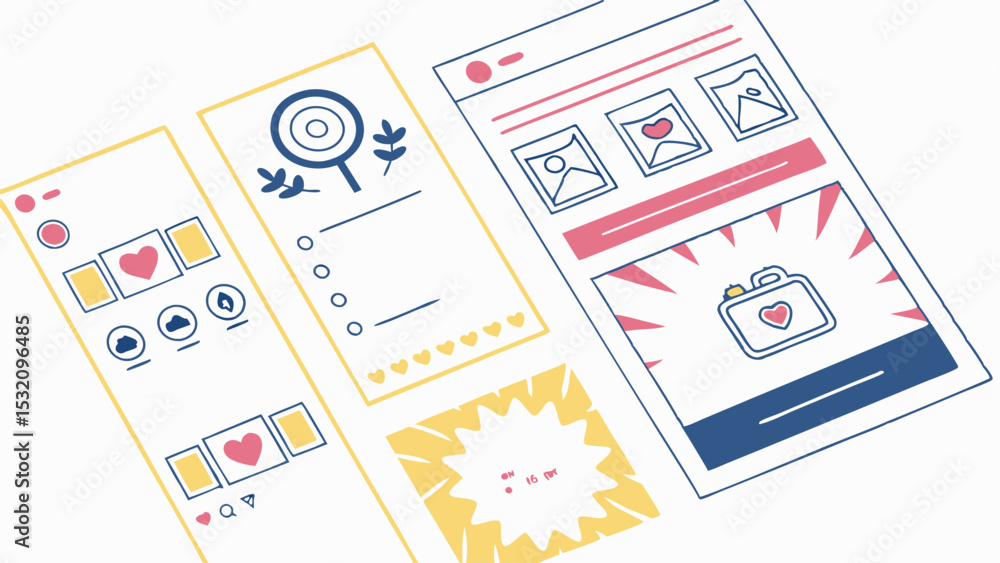 Poster three stylized app interface designs showcasing social media elements and user engagement features i
