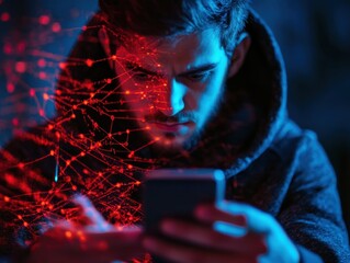 Man in hoodie holding phone with red network overlay, isolated on white