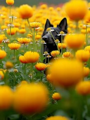 A black dog is subtly peeking through a vibrant field of bright yellow flowers and white daisies, with a shallow depth of field creating a dreamy, natural scene