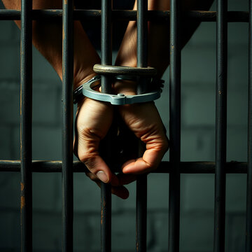Handcuffed hands of a prisoner behind the bars of a prison
