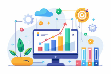 Isometric 3D illustration of a blue bar chart representing financial growth, business performance, or statistical analysis. The image features five ascending bars placed on a tech-style platform.