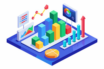 Isometric 3D illustration of a blue bar chart representing financial growth, business performance, or statistical analysis. The image features five ascending bars placed on a tech-style platform.