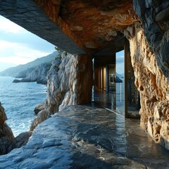 Enchanting Nature-Integrated Dwellings: Modern architecture Mediterranean sea rocky cliffs minimal architecture integrated into caves with open frontage.