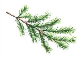 Watercolor illustration of a spruce branch on white background