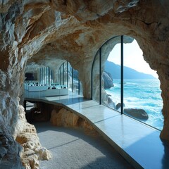 Enchanting Nature-Integrated Dwellings: Modern architecture Mediterranean sea rocky cliffs minimal architecture integrated into caves with open frontage.