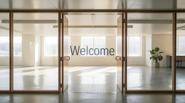Double glass doors with a "Welcome" sign open into a bright, empty modern office space with large windows and abundant natural light, suggesting new possibilities