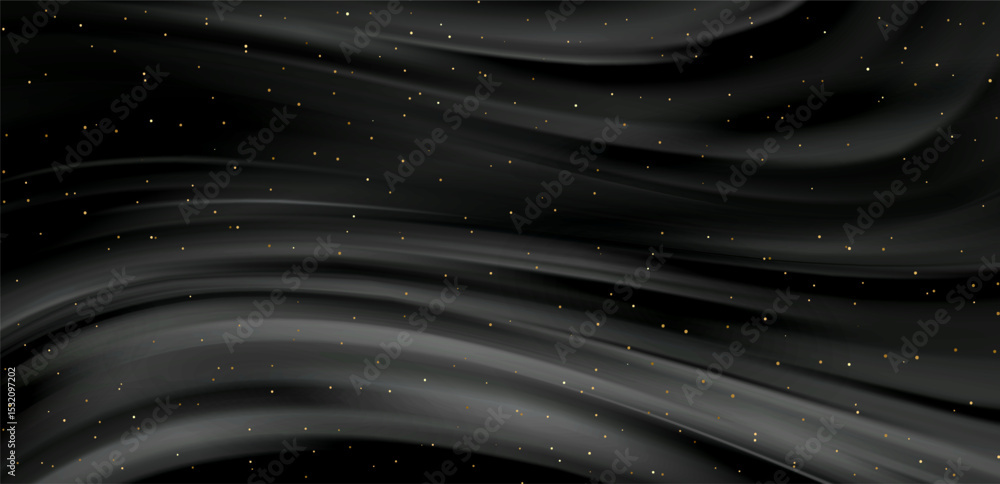 Poster Smooth elegant black satin texture abstract background. Luxurious flowing background design. Vector Drapery Wallpaper BG