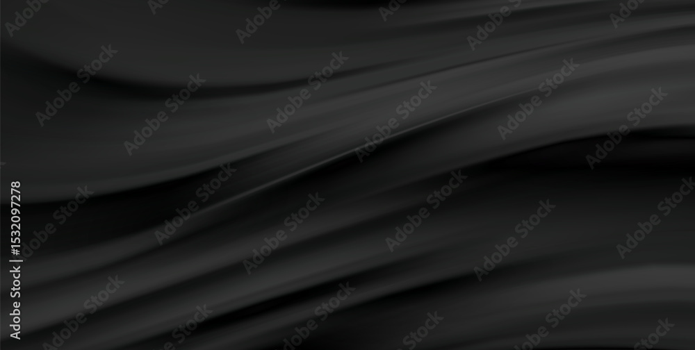Poster Smooth elegant black satin texture abstract background. Luxurious flowing background design. Vector Drapery Wallpaper BG