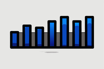 Isometric 3D illustration of a blue bar chart representing financial growth, business performance, or statistical analysis. The image features five ascending bars placed on a tech-style platform.