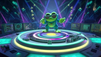 Funky frog DJ rocking the turntables on a neon-lit stage with futuristic lights and vibrant electronic vibes.


