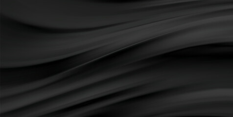 Smooth elegant black satin texture abstract background. Luxurious flowing background design. Vector Drapery Wallpaper BG