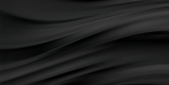 Smooth elegant black satin texture abstract background. Luxurious flowing background design. Vector Drapery Wallpaper BG
