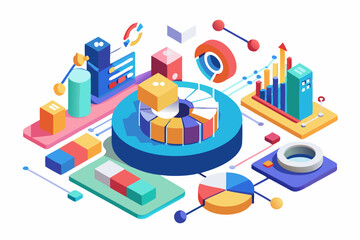 Isometric 3D illustration of a blue bar chart representing financial growth, business performance, or statistical analysis. The image features five ascending bars placed on a tech-style platform.