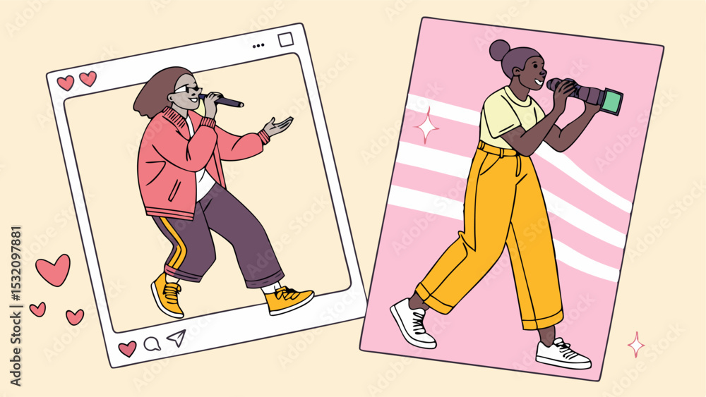 Poster two people in separate frames one singing into a microphone and the other using a camera to record m