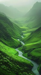 River running through a serene green valley.