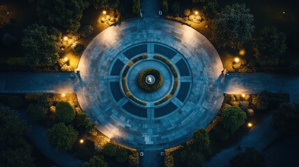 Circular paved plaza at night, illuminated by garden lights.