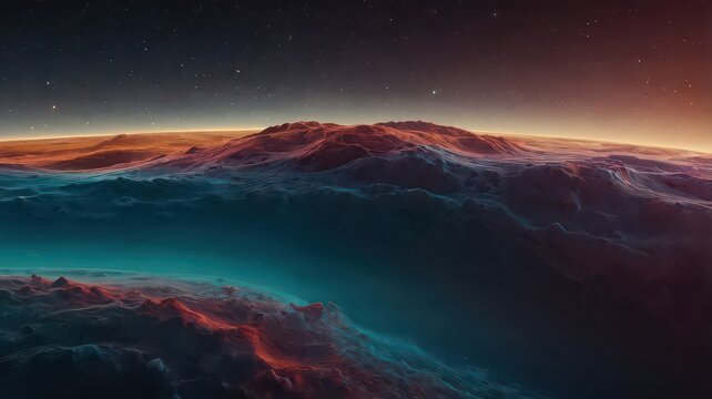 Celestial landscape with glowing horizon and nebula clouds under a starry night sky view