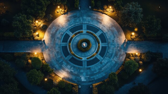 Circular paved plaza at night, illuminated by garden lights. - Powered by Adobe